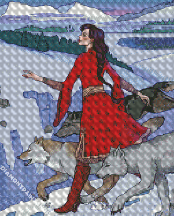 Woman And Wolves Diamond Paintings
