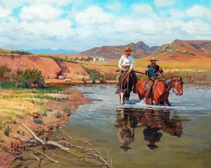 Cowboys And Horses In Water - Diamond Paintings