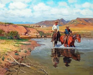 Cowboys And Horses In Water - Diamond Paintings
