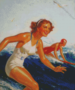 Retro Girls Surfing Diamond Paintings