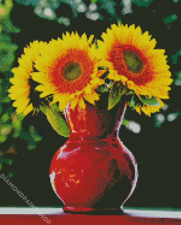Sunflowers In Red Vase - Diamond Paintings 