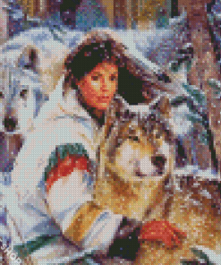 Wolves And Native Woman Diamond Paintings