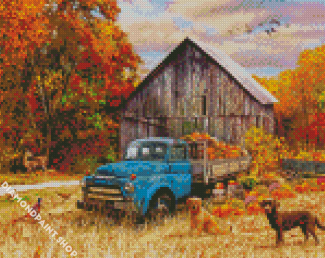 Blue Truck With Fall Diamond Paintings