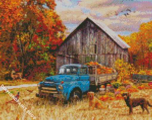 Blue Truck With Fall Diamond Paintings