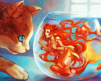 Kitty With Fish Diamond Paintings