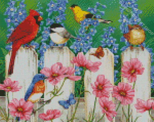 Flowers And Bird On Fence Diamond By Paintings