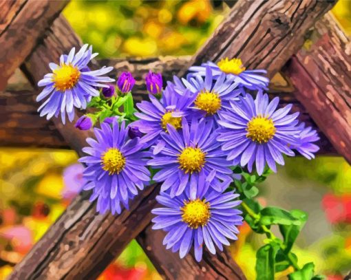Purple Flowers And Fence Diamond By Paintings