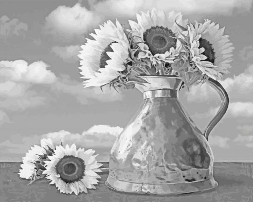 Black And White Sunflower In Copper Pitcher Diamond Paintings