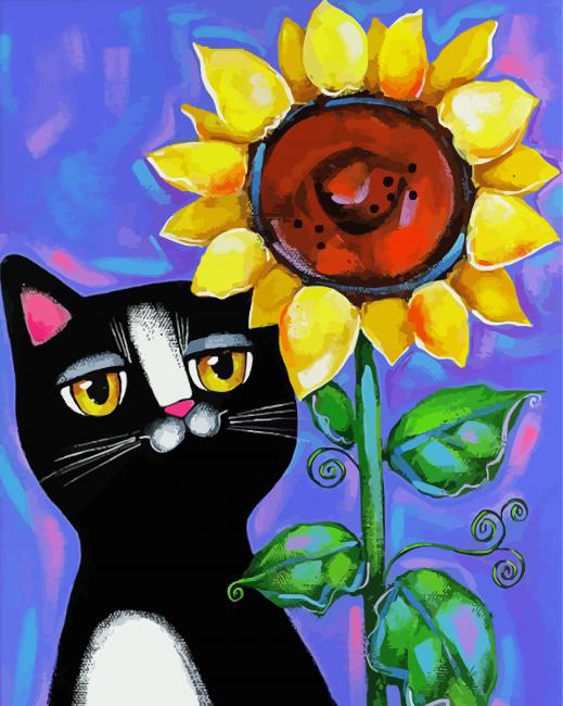 Cat And Sunflower - Diamond Paintings 