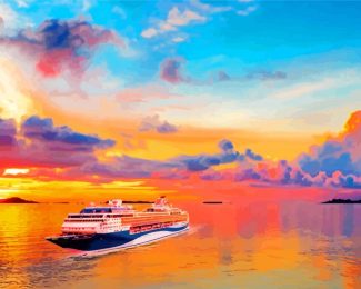 Cruise Ship In Sunset Seascape Diamond Paintings