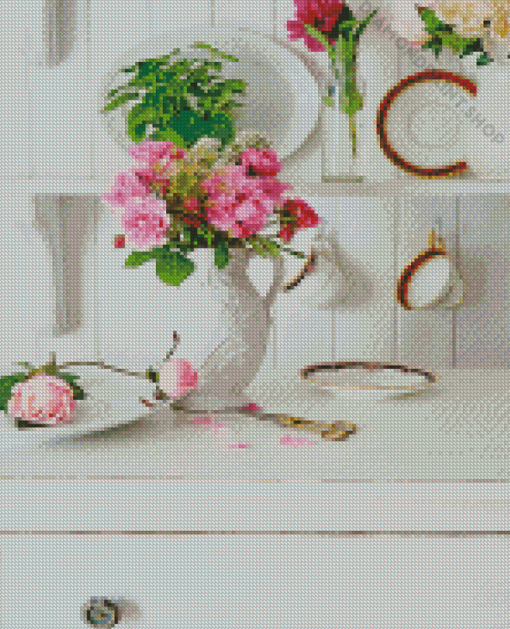 Pink Flowers In Cupboard Diamond Paintings