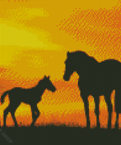 Horse And Foal Sunset Silhouette Diamond Paintings