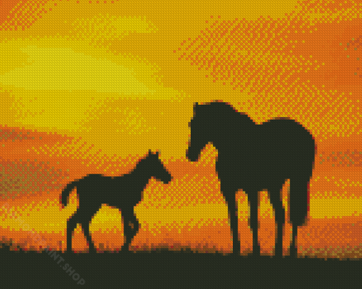 Horse And Foal Sunset Silhouette Diamond Paintings