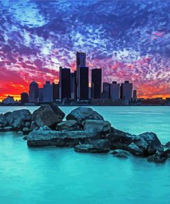 Sunset At Detroit Skyline Diamond Paintings