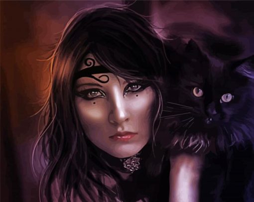 Fantasy Woman Holding Dark Black Cat Diamond Paintings