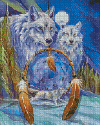 White Wolves In Dream Catcher Diamond Paintings