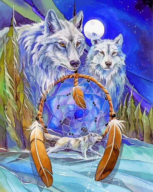 White Wolves In Dream Catcher – Diamond Paintings