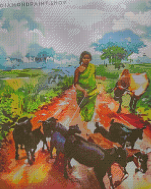 Goat Grazing Lady Indian Landscapes Diamond Paintings