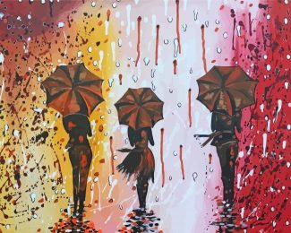 3 Women In Rain With Umbrellas Art Diamond Paintings