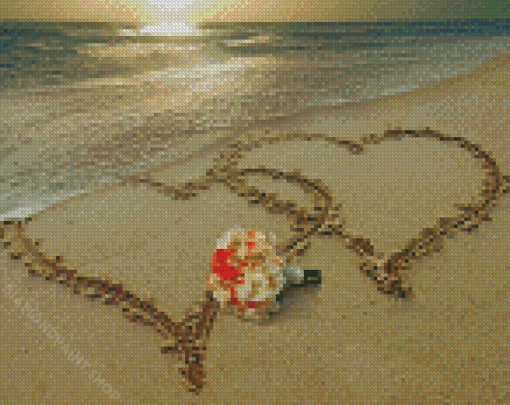Beach With Hearts In Sand And Bouquet Of Flowers Diamond Paintings
