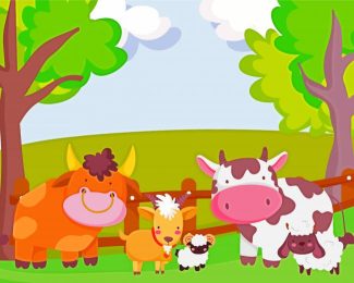 Cartoon Cows By Fence Diamond Paintings