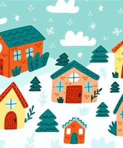 Cartoon Houses In Snow Diamond Paintings
