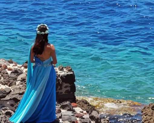 Lady In Blue Dress On Beach Diamond Paintings