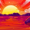 Pink Sunset With Mountain And Waves Illustration Diamond Paintings