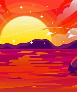 Pink Sunset With Mountain And Waves Illustration Diamond Paintings