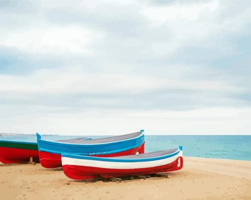 Row Of Wood Boats On Beach Diamond Paintings