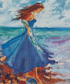 Seaside Blue Dress Woman Art Diamond Paintings