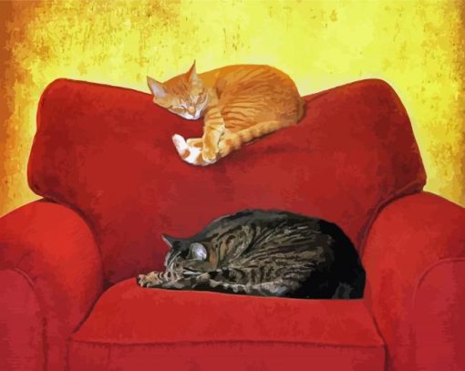 Cats On Red Sofa Diamond Paintings