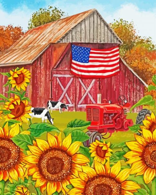 Red Tractor And Sunflowers Diamond Paintings