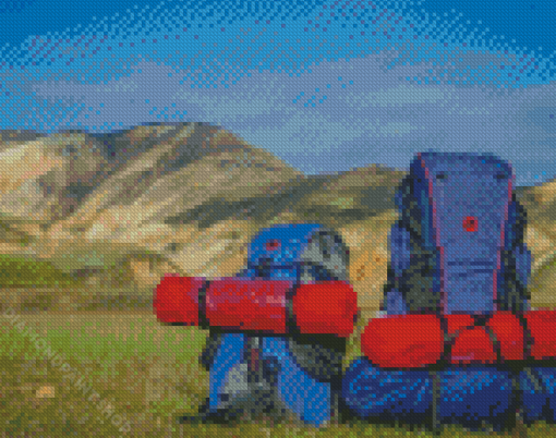 Blue And Red Trip Tools In Mountains Diamond Paintings
