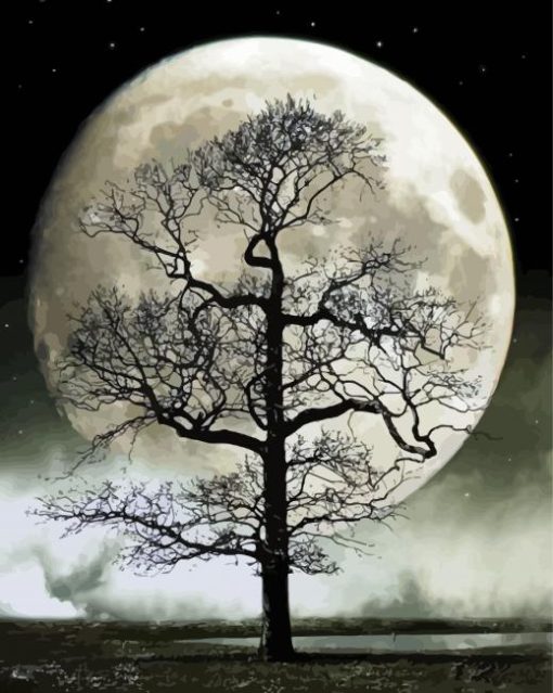 Moon And Trees Black And White Illustration Diamond Paintings