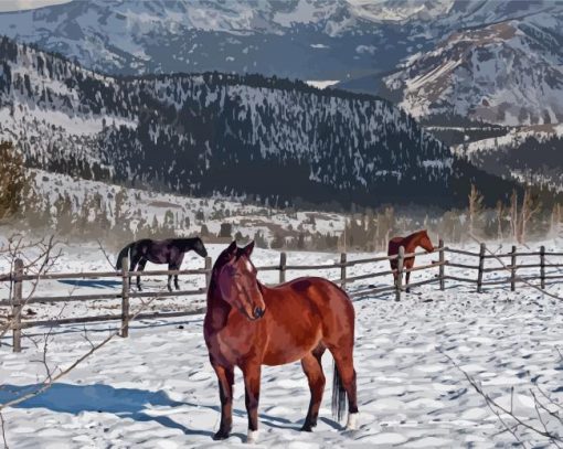 Mountains Winter Horses Diamond Paintings