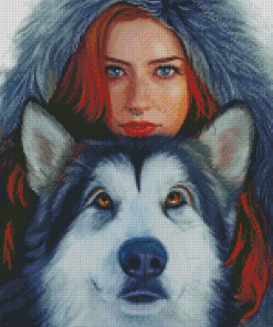 Lady With Husky Diamond Paintings
