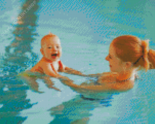 Mother With Baby Boy Swimming Diamond Paintings