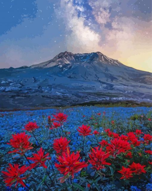 Mt St Helens With Red Poppies Diamond Paintings