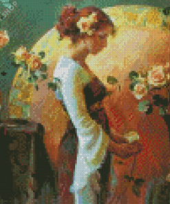 Woman Arranging Roses In Vase Diamond Paintings