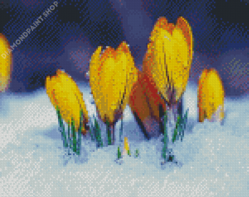 Yellow Spring Flower In Snow Diamond Paintings
