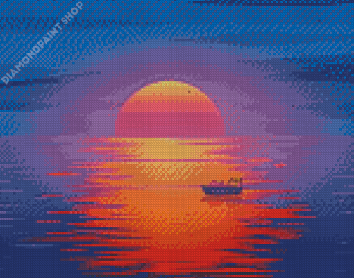 Sunset With Boat Illustration Diamond Paintings