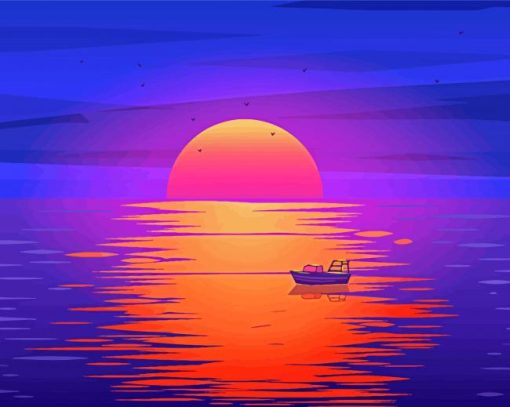 Sunset With Boat Illustration Diamond Paintings
