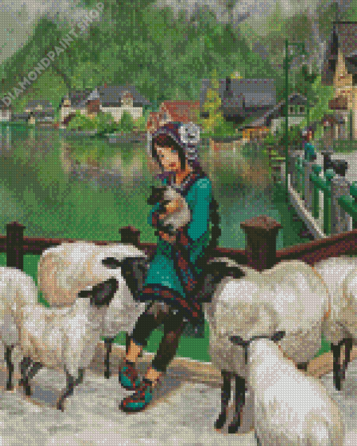 Aesthetic Girl With Sheep Diamond Paintings
