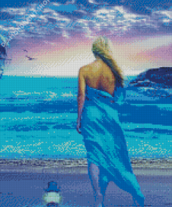Blonde Girl On Beach In Blue Dress Diamond Painting