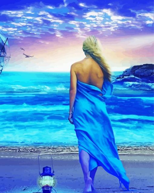 Blonde Girl On Beach In Blue Dress Diamond Painting
