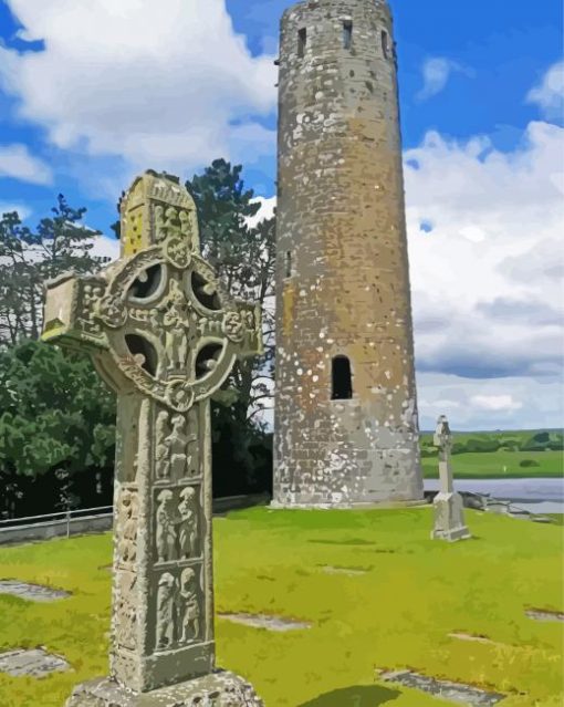 Clonmacnoise Cross Of The Inscriptions And Large Round Tower Diamond Painting