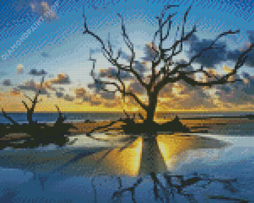 Driftwood Ocean Sunset Diamond Paintings