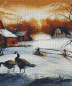 Geese In The Garden In Winter Diamond Painting