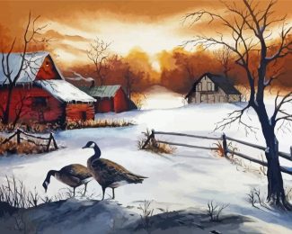 Geese In The Garden In Winter Diamond Painting